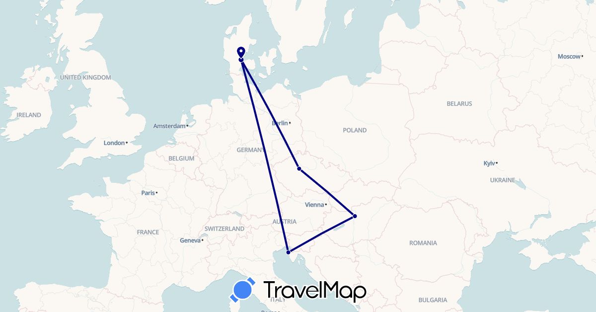 TravelMap itinerary: driving in Czech Republic, Denmark, Croatia, Hungary (Europe)